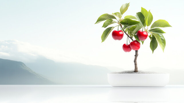 A beautifully styled cherry bonsai tree showcasing vibrant red cherries, standing against a serene backdrop of soft colors.
