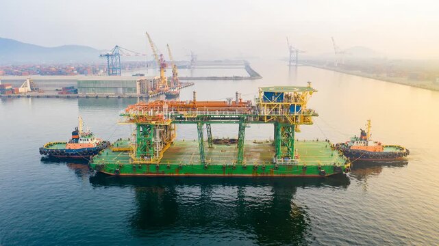 Two tugboats maneuvering a large offshore platform through a busy harbor with cranes ships and industrial activity