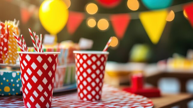 Red paper cups with diamond pattern ready for party celebration