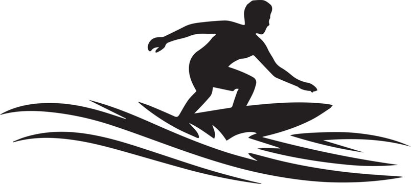 Surfer on a surfboard riding ocean waves vector black silhouette. water sport activity graphic design illustration.