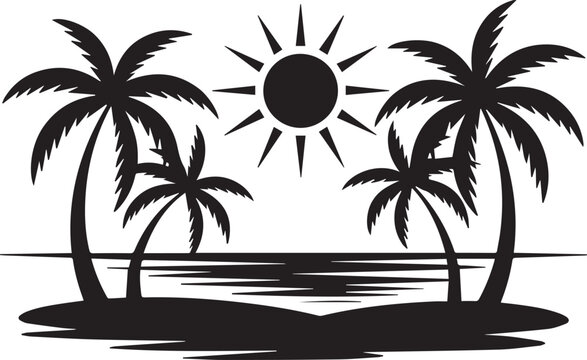 Tropical beach with palm trees and sun vector black silhouette. ocean view and sunset graphic design illustration.