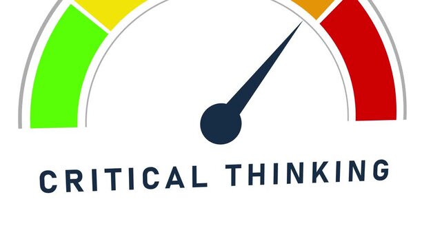 Critical thinking skill level indicator gauge with needle pointing towards the red zone indicating a or advanced level on a white background Keywords: critical thinking, indicator, gauge