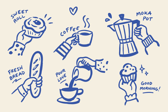 Coffee and Bakery Morning Hands Blue Doodle Sketch Vector