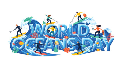 Fototapeta premium World Oceans Day Celebration: A vibrant illustration depicting people surfing and enjoying the ocean waves, set against the backdrop of the words World Oceans Day. Surrounded by marine life and coral.