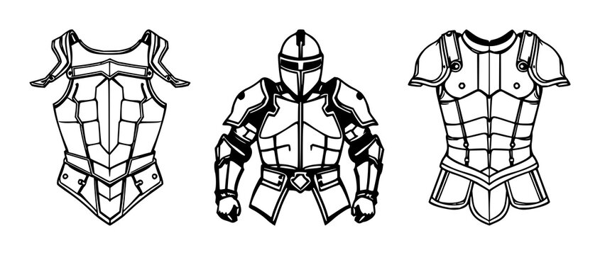 Armor set with black line art on a white background, ancient and mythic, featuring knight, sword, shield with fantasy and illustration
