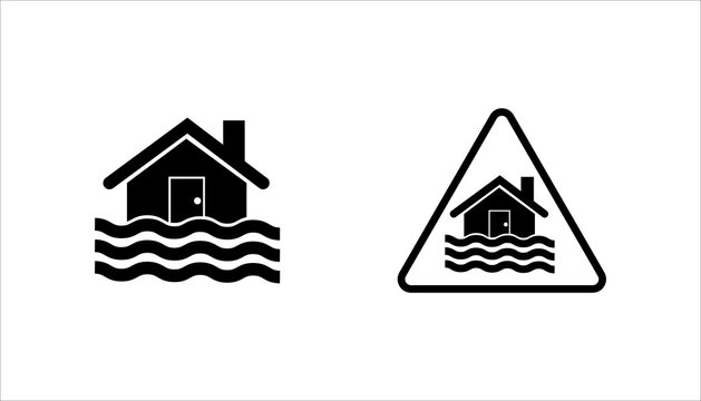 Minimal flood warning icon featuring a house submerged in water inside a warning triangle. Simple disaster alert symbol isolated on gray background suitable for insurance, climate, safety, and emergen