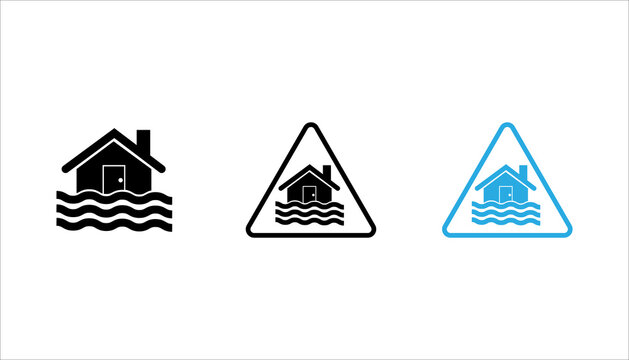 Minimal flood warning icon featuring a house submerged in water inside a warning triangle. Simple disaster alert symbol isolated on gray background suitable for insurance, climate, safety, and emergen