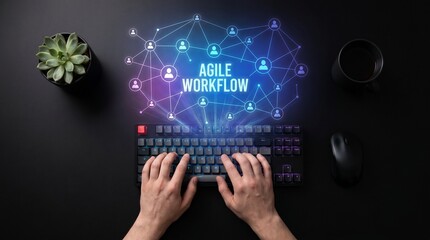 Obraz premium Agile workflow concept visualized with network connections and human hands typing on a keyboard.