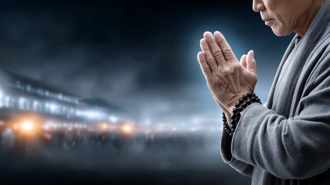 Man engaged in prayer with hands clasped, reflecting deep concentration in a public space