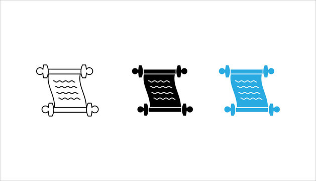 Minimal solid icon set. of an ancient scroll representing historical manuscripts, written documents, traditional archives, and classical literature concepts.