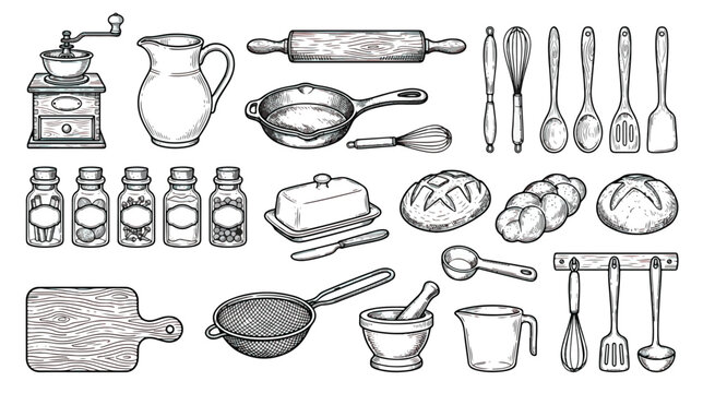 Vintage hand drawn kitchen utensils collection, rustic culinary equipment and baking tools vector set, engraved style cooking icons for restaurant menu