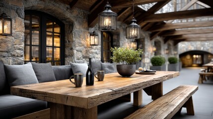 Fototapeta premium Interior design concept highlighting stone materials and historical ambiance in a kitchen scene.