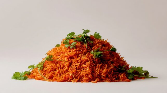 Vibrant and Colorful Pile of Spicy Red Rice Garnished with Fresh Herbs for Culinary Presentation and Food Photography
