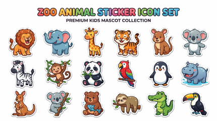 Fototapeta premium Cute Zoo Animal Stickers for Kids: Lion, Elephant, Giraffe, Tiger, Monkey Icons