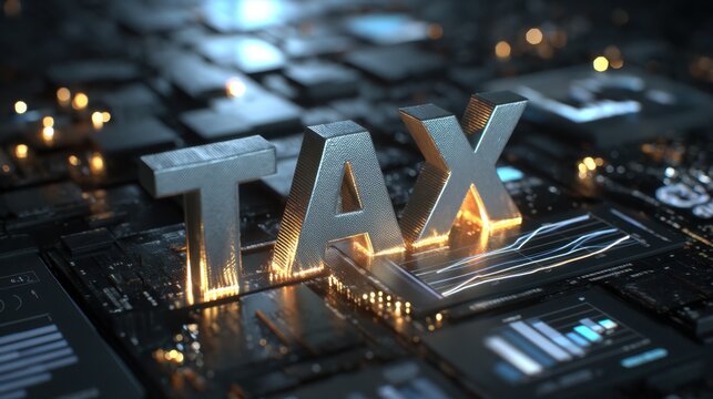 Metallic Tax Text on a Dark Background with Digital Elements Representing Finance and Accounting Concepts