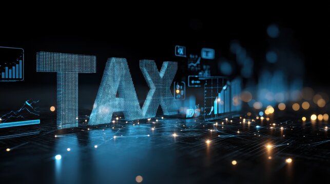 Digital Tax Visualization with Data Charts and Financial Analysis in a Futuristic Style