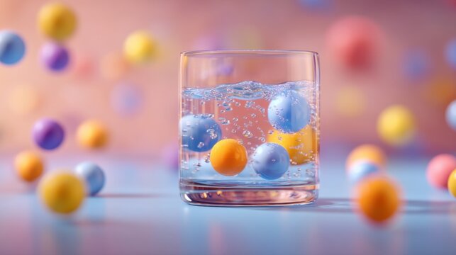 Colorful Bouncing Balls in a Glass of Water with Bubbles on a Soft Gradient Background