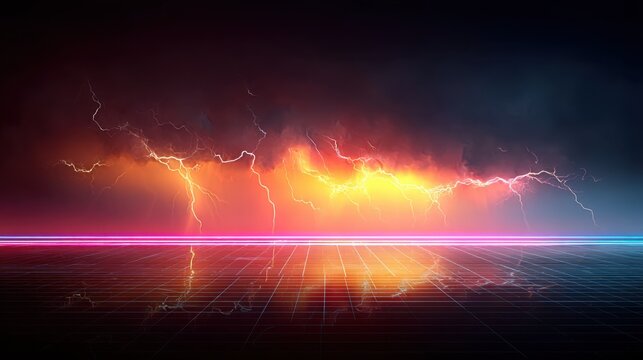 Stunning Digital Landscape with Neon Light Reflections and Dramatic Thunderstorm in Background