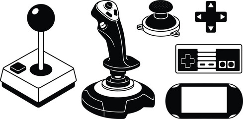 Retro and Modern Video Game Controller Vector Icon Set with Arcade Joystick Flight Stick and Handheld Console © MdAungur