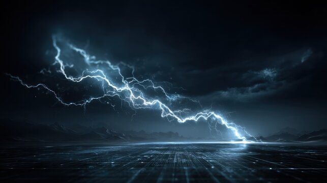 Powerful Lightning Strike Illuminates Dark Sky Over Calm Sea at Night with Dramatic Clouds and Glowing Ground Patterns