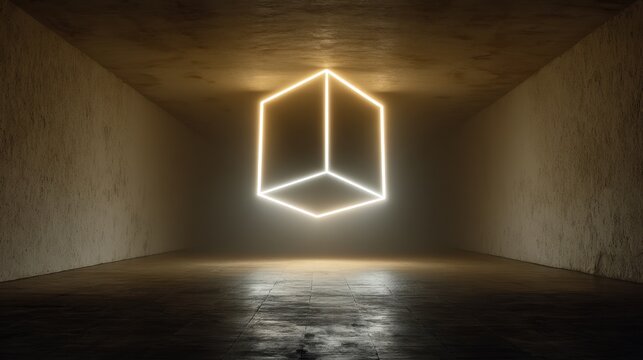 Illuminated geometric shape in a darkened room creating a stunning visual contrast and atmosphere for artistic inspiration