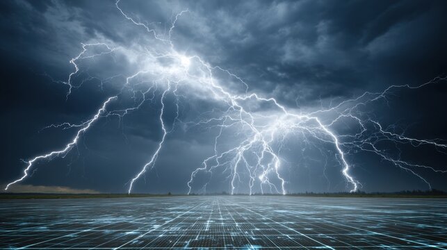 Dramatic Thunderstorm with Bright Lightning Strikes Illuminating Dark Sky Over Flat Landscape at Dusk
