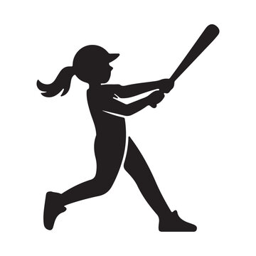 Female Baseball Player Silhouette, Minimalist Vector Illustration of Girl Softball Batter Swinging Bat