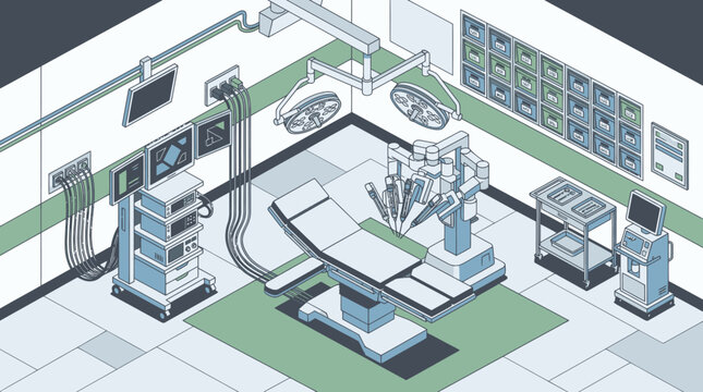 Modern Operating Room with Robotic Surgical System and Medical Equipment.