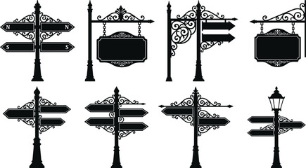 Vintage Street Sign and Directional Arrow Silhouette Vector Set with Ornate Wrought Iron Signposts and Plaques © MdAungur