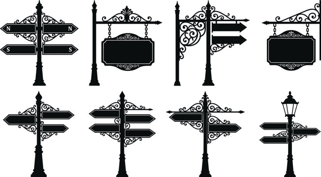 Vintage Street Sign and Directional Arrow Silhouette Vector Set with Ornate Wrought Iron Signposts and Plaques