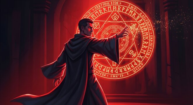 Mysterious Sorcerer casting powerful magic spell with glowing rune circle in ancient chamber