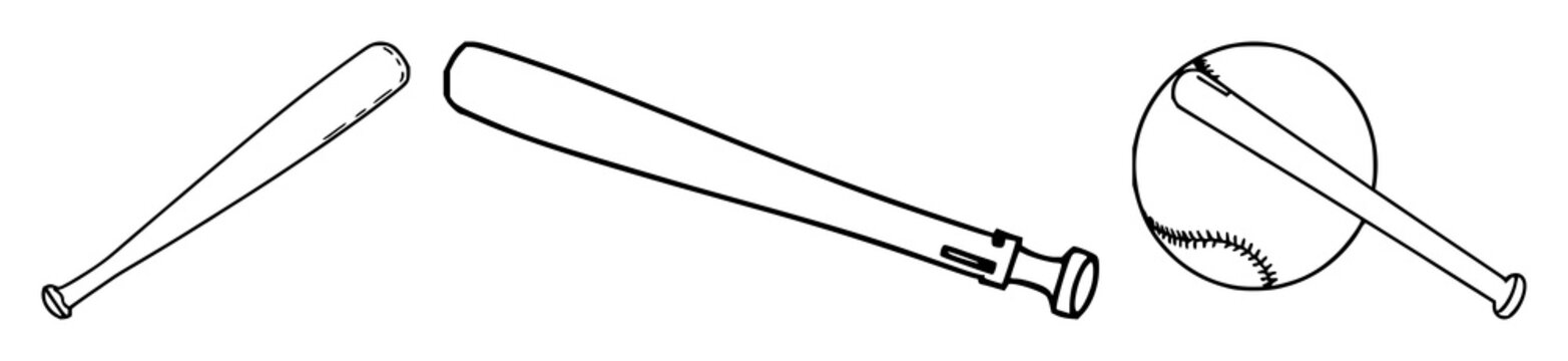 Baseball bat set with single silhouette design featuring baseball, sport, equipment with black line art and white background