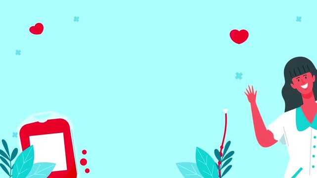 Blood donation presentation background showing a smiling female nurse next to an AB bag.