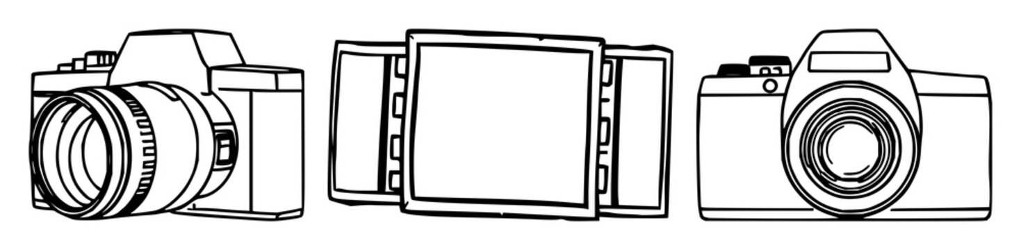 Black line art, white background: camera film roll set with simple line art design featuring simple design, minimalist, black and white with illustrations and graphics