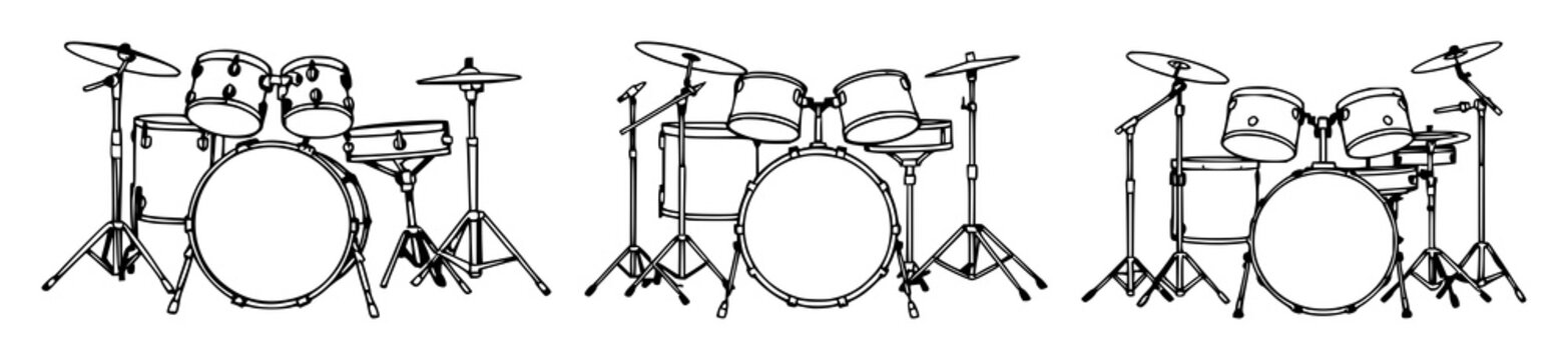 Drum kit set with detailed black line art illustration on a white background featuring music, percussion, instruments with simplicity and minimalism