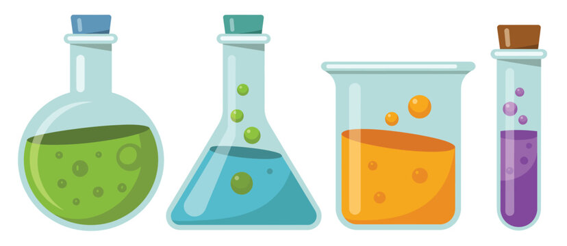 Laboratory glassware with colorful liquids chemistry beakers flasks test tubes vector illustration