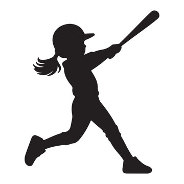 Female Baseball Player Silhouette, Minimalist Vector Illustration of Girl Softball Batter Swinging Bat