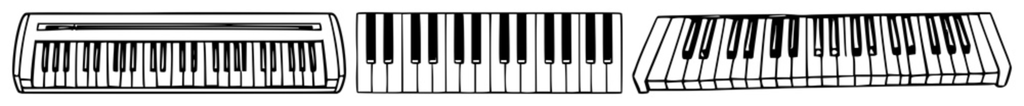 Piano keyboard set with black line art on white background featuring musical notes, key outline, minimalist illustration with piano and music symbols