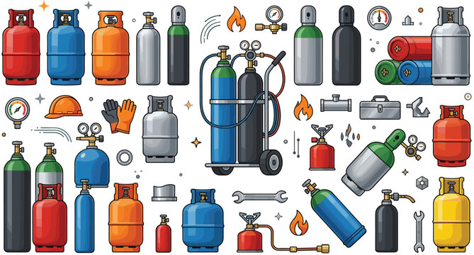 Industrial Gas Cylinder and Welding Tank Collection Vector Illustration with Oxygen Containers, Safety Equipment, and Engineering Tools