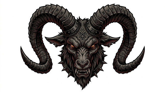 Fierce Demon Ram Head with Large Curved Horns.