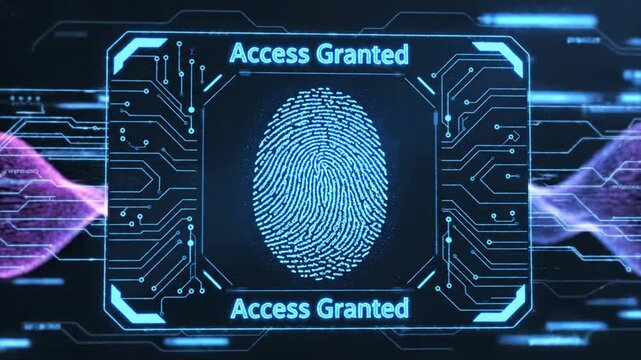 Futuristic digital fingerprint scan displays access granted on a glowing circuit board interface