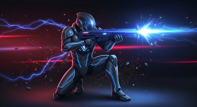 Futuristic Soldier in Armor Firing Energy Weapon with Lightning Effects