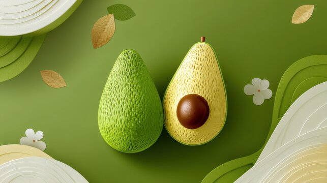 Two Avocados on Abstract Green Background with Leaves and Flowers in Minimalist Style for Healthy Food Concepts