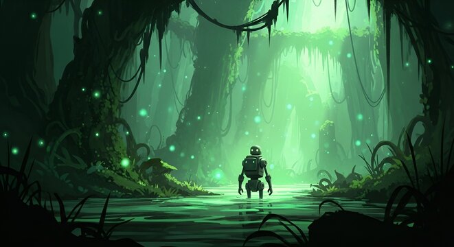 Robot exploring glowing magical swamp forest at night, fantasy concept.