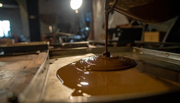 Close-up of liquid collodion being poured onto wet plate in darkroom process