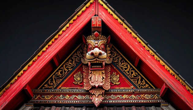 Intricate Wooden Batak Toba Lion Head Carving on Traditional House Gable