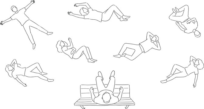 Relaxed Human Body Pose Outline Vector Set with Different Resting Positions Isolated on White Background for Lifestyle and Wellness Designs