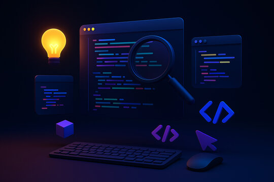 3D Neon Coding and Software Development Concept with Floating Windows, Magnifying Glass, Code Brackets and Glowing Idea Lightbulb on Dark Background