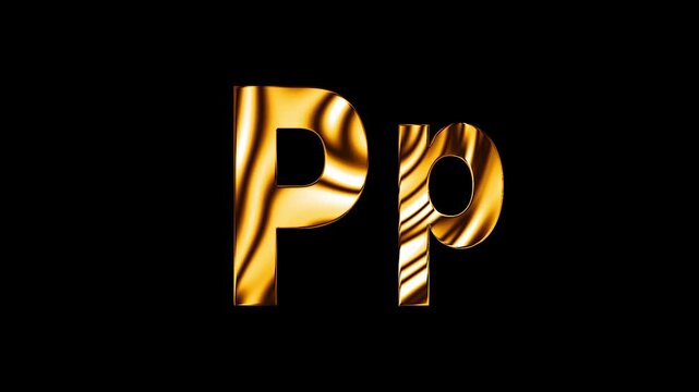 Capital letter P with small p text design with golden glass shine curve lines animation