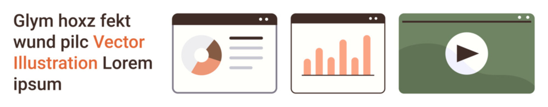 Data analytics, presentation tools, user interface design, business insights, report generation, and multimedia calls to action. Features browser tabs with charts and a media play button. Data